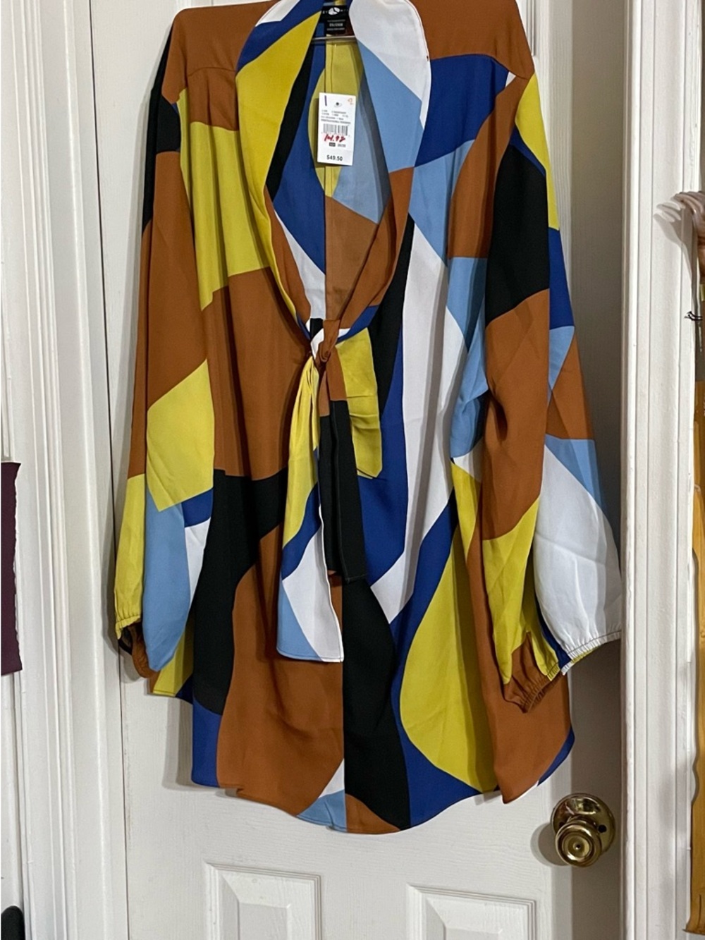 Ashley Stewart Geometric Tie-Front Tunic in Brown, Yellow, Blue, Black, White